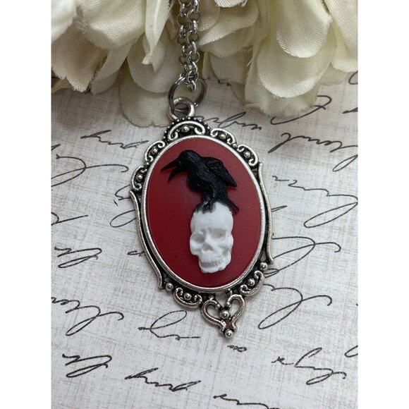 Silver Blk Red Gothic Crow Raven Rose Skull Wedding Party Jewelry necklace Cameo - Picture 3 of 13